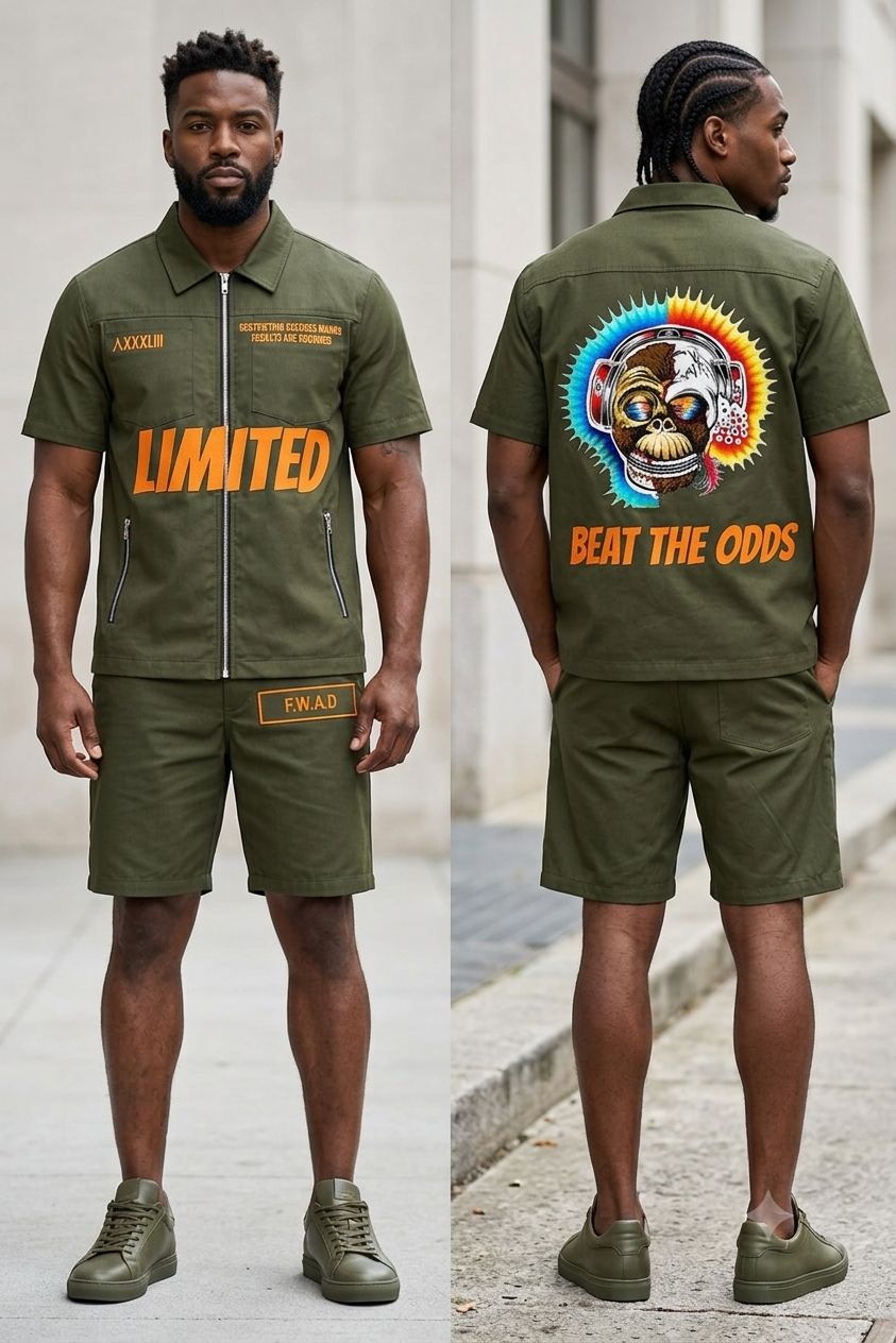 Men's Graphic Shirt & Shorts Set – Olive Green